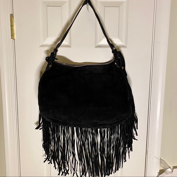 D2 - Italian Suede Brown & Black Fringed Handbag - Picture 2 of 5